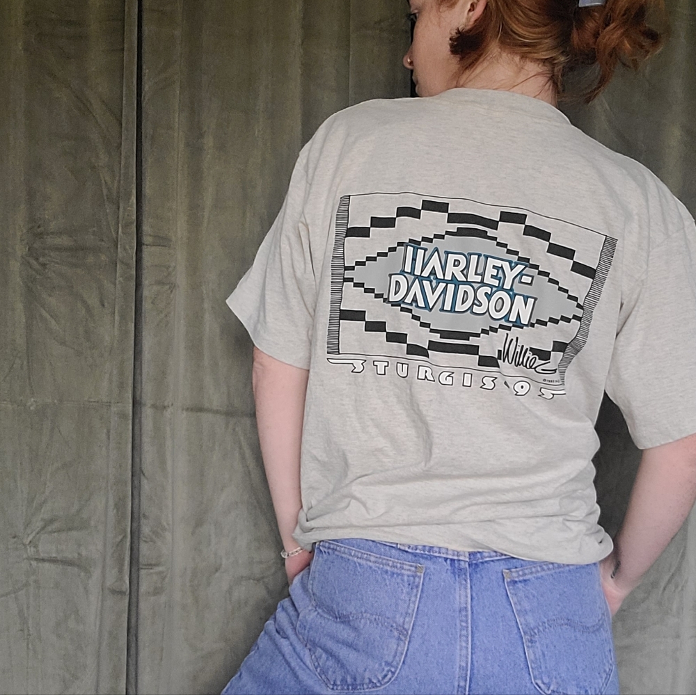 Harley Davidson Bikercore Indie Western Aztec Topaz Print Sturgis 1995 Tshirt
